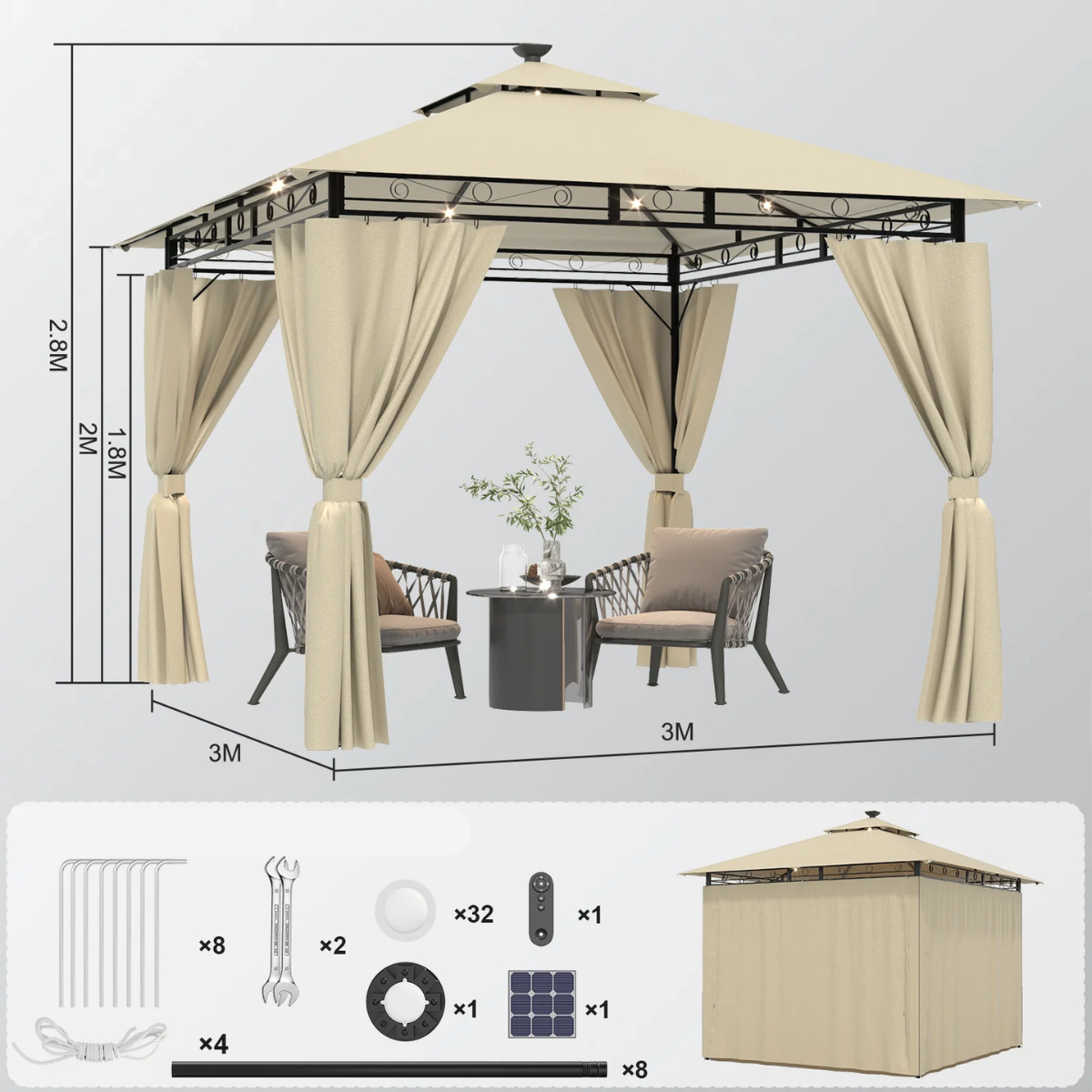 Gamme Lone - Gazebo / Pavillon de Jardin - Led intégrées