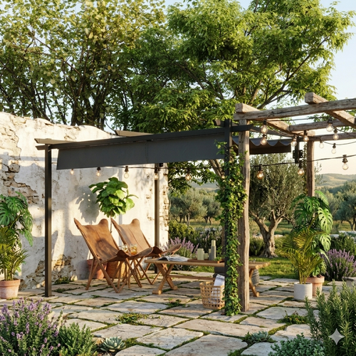 Gamme Habu - Pergola murale - Toit rétractable - Gris