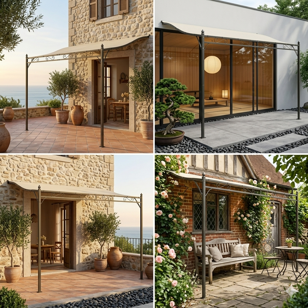 Gamme Leo - Pergola murale terrasse - Blanc crème