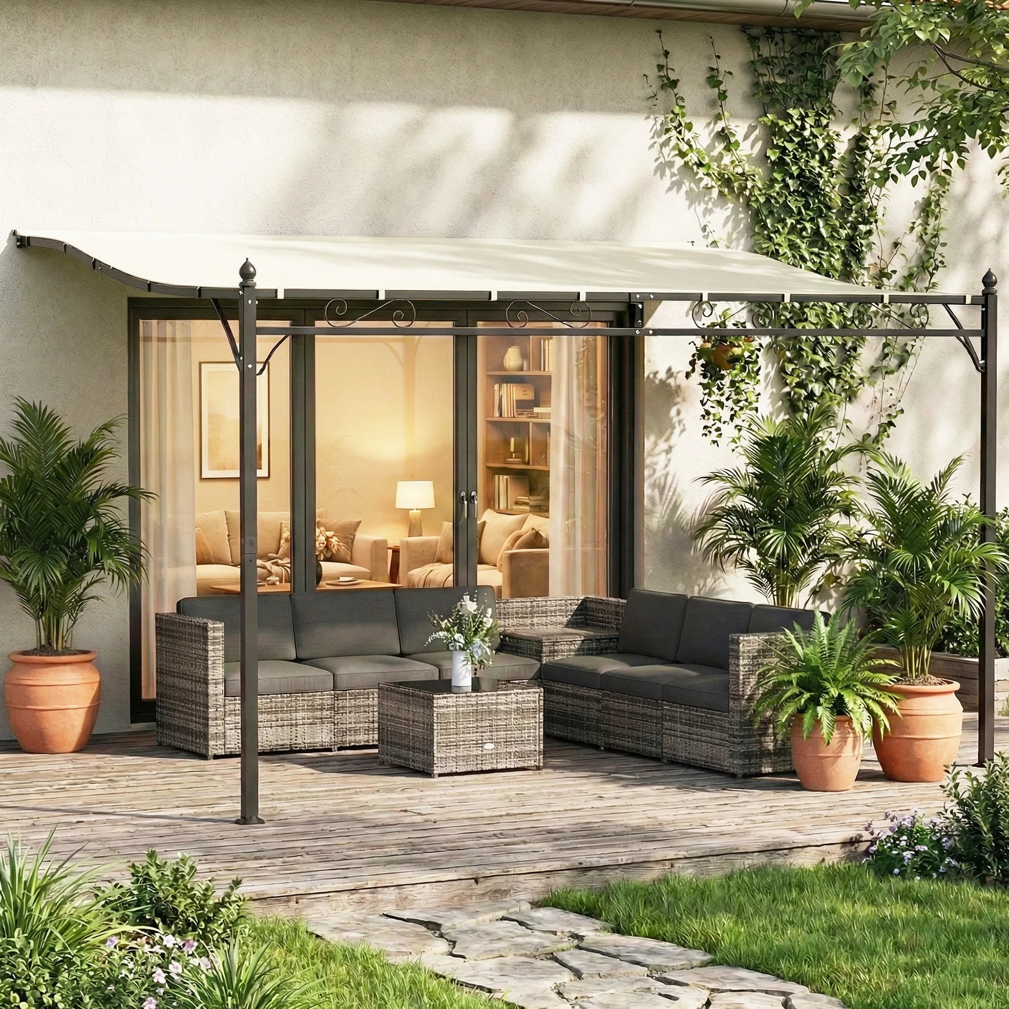 Gamme Leo - Pergola murale terrasse - Blanc crème